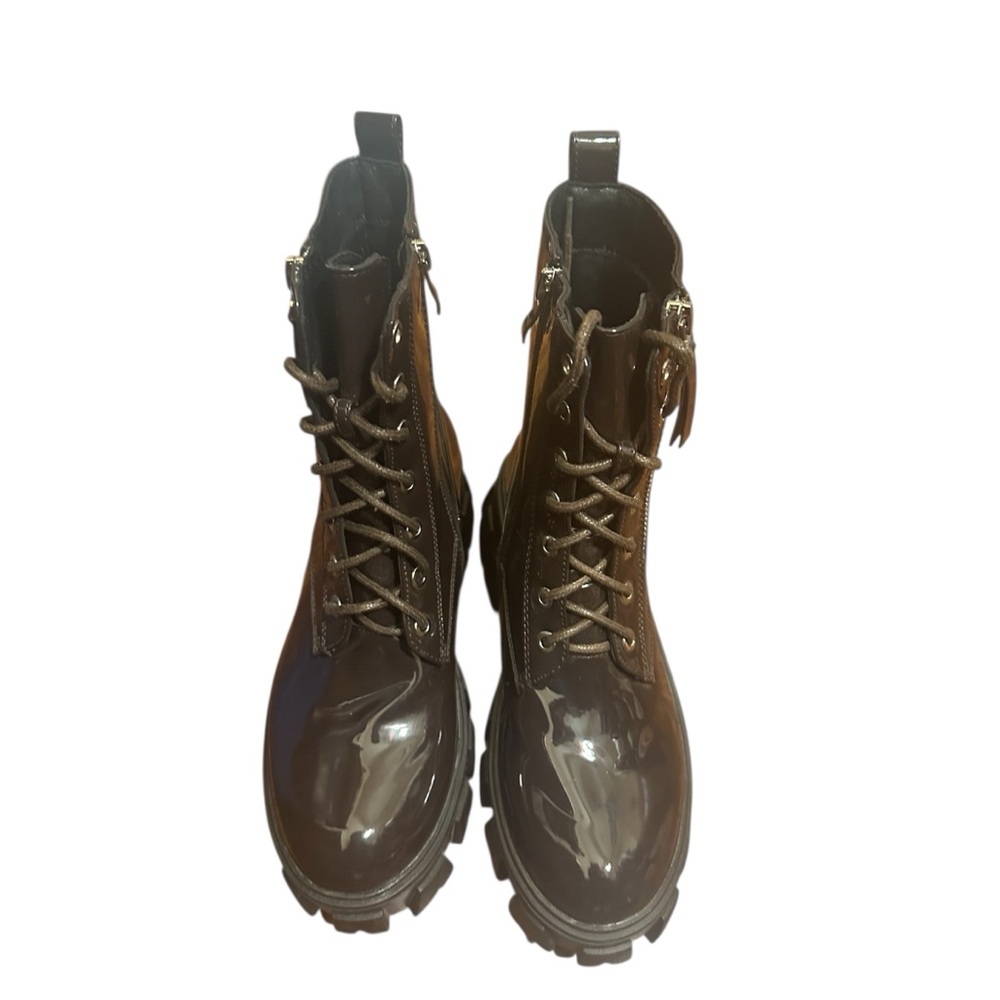Azalea wang Glossy Brown Lace-Up Combat Boots